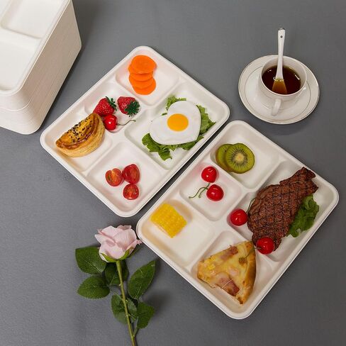 أطباق صغيرة وضحلة مقاس 10.25 * 8.25 بوصة مكونة من 5 حجرات 125 عبوة، أطباق مقسمة من قصب السكر صديقة للبيئة مكونة من 5 أقسام، وصينية غداء مدرسية وأطباق للاستعمال مرة واحدة مع حجرة in Kuwait