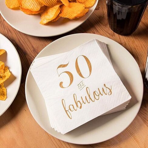 BLUE PANDA 50 Pack White 50th Birthday Napkins, Gold Foil 50 and Fabulous Party Supplies (5x5 In) in Kuwait