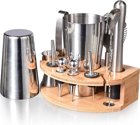 Bartender Kit with Stylish Stand, 12 Piece 20oz/25oz Boston Cocktail Shaker Set for Mixed Drink, Professional Stainless Steel Bar Set, Gift for Man Dad- Cocktail Recipes Booklet (Silver) in Saudi Arabia