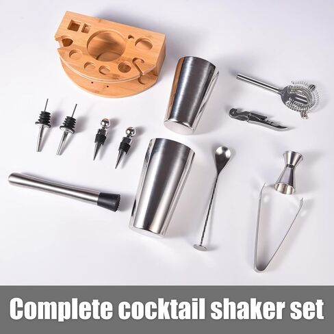 Bartender Kit with Stylish Stand, 12 Piece 20oz/25oz Boston Cocktail Shaker Set for Mixed Drink, Professional Stainless Steel Bar Set, Gift for Man Dad- Cocktail Recipes Booklet (Silver) in Saudi Arabia