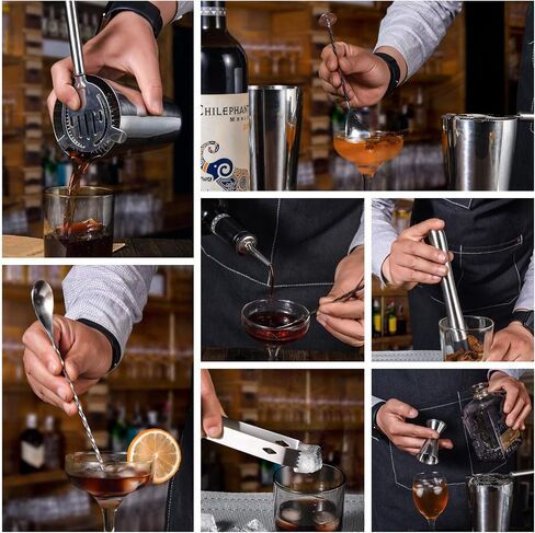 Bartender Kit with Stylish Stand, 12 Piece 20oz/25oz Boston Cocktail Shaker Set for Mixed Drink, Professional Stainless Steel Bar Set, Gift for Man Dad- Cocktail Recipes Booklet (Silver) in Saudi Arabia