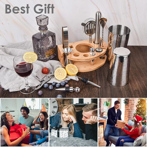 Bartender Kit with Stylish Stand, 12 Piece 20oz/25oz Boston Cocktail Shaker Set for Mixed Drink, Professional Stainless Steel Bar Set, Gift for Man Dad- Cocktail Recipes Booklet (Silver) in Saudi Arabia