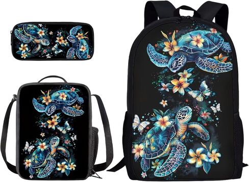 Xoenoiee Sea Turtle and Floral Pattern Back to School Backpack Set of 3 Pack Teens Primary Schoolbag Thermal Lunch Box Pencil Bag 3 in 1 for Boys Girls in Saudi Arabia
