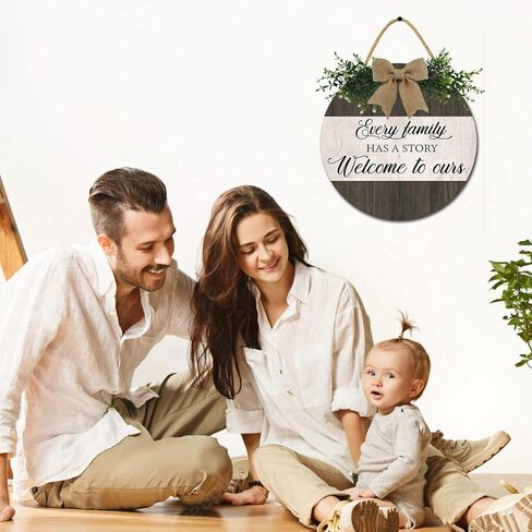 Every Family Has A Story Welcome to Ours Sign for Front Door Rustic Welcome Wreaths Sign for Farmhouse Front Porch Decor Round Wood Hanging Sign Housewarming Gift for Home Decor , 12IN in Saudi Arabia