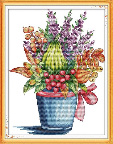 CaptainCrafts New Cross Stitch Kits Embroidery Kit Full Range Flowers Pre-Printed and Counted Fabrics Kits for Adults Beginners Home Decor (Stamped 11CT, Celadon vase Flowers) in Saudi Arabia