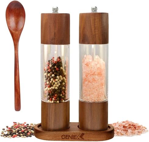 PRINCE Salt and Pepper Grinders Refillable Set, Acacia Wood Salt & Pepper Mill Grinder and Tray Set, Refillable, Adjustable Coarseness, 8" Salt Pepper Grinder 2pcs, Great Kitchen Gifts New Home in Saudi Arabia