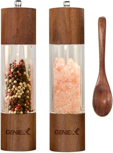 PRINCE Salt and Pepper Grinders Refillable Set, Acacia Wood Salt & Pepper Mill Grinder and Tray Set, Refillable, Adjustable Coarseness, 8" Salt Pepper Grinder 2pcs, Great Kitchen Gifts New Home in Saudi Arabia