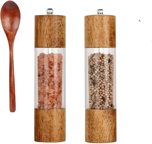 PRINCE Salt and Pepper Grinders Refillable Set, Acacia Wood Salt & Pepper Mill Grinder and Tray Set, Refillable, Adjustable Coarseness, 8" Salt Pepper Grinder 2pcs, Great Kitchen Gifts New Home in Saudi Arabia