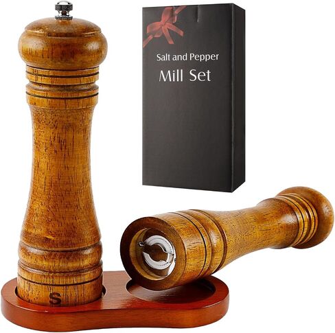 Wooden Salt and Pepper Grinder Set with Tray,Manual Wood Salt and Pepper Mill,Adjustable Coarseness with Stainless Steel and Ceramic Grinders,and Refillable(8inches-2pcs) in Saudi Arabia