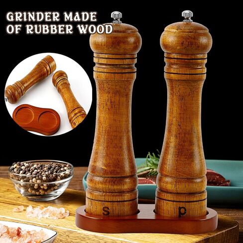 Wooden Salt and Pepper Grinder Set with Tray,Manual Wood Salt and Pepper Mill,Adjustable Coarseness with Stainless Steel and Ceramic Grinders,and Refillable(8inches-2pcs) in Saudi Arabia