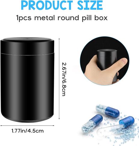 WLLHYF Portable Metal Small Pill Case, Round Aluminium Alloy Pill Holder Pocket Small Pill Box Waterproof Medicine Organizer Bottle Container for Travel Outdoor Vitamin Fish Oils (Black) in Saudi Arabia