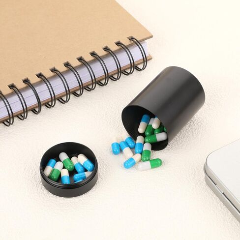 WLLHYF Portable Metal Small Pill Case, Round Aluminium Alloy Pill Holder Pocket Small Pill Box Waterproof Medicine Organizer Bottle Container for Travel Outdoor Vitamin Fish Oils (Black) in Saudi Arabia