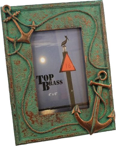 إطار صورة بحري بمرساة نحاسية وحبل مقاس 10.16 سم × 15.24 سم - صورة زنجار برونزية ريفية - ديكور منزل الشاطئ الساحلي in Kuwait