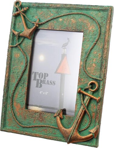 إطار صورة بحري بمرساة نحاسية وحبل مقاس 10.16 سم × 15.24 سم - صورة زنجار برونزية ريفية - ديكور منزل الشاطئ الساحلي in Kuwait