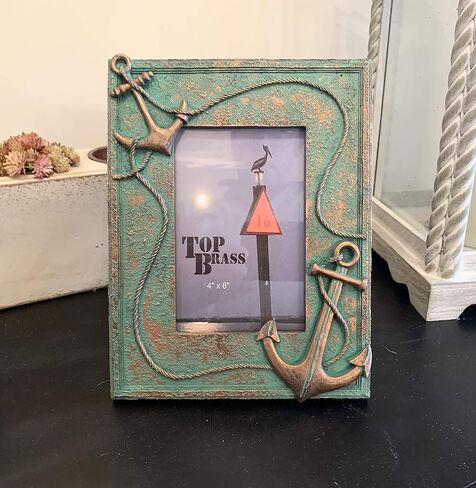 إطار صورة بحري بمرساة نحاسية وحبل مقاس 10.16 سم × 15.24 سم - صورة زنجار برونزية ريفية - ديكور منزل الشاطئ الساحلي in Kuwait