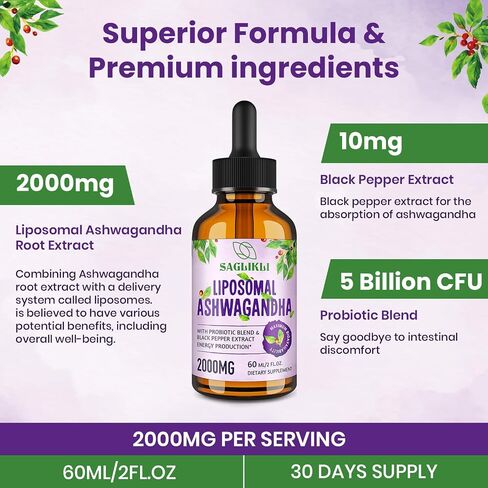 Liposomal Ashwagandha Liquid Drops - 2000mg with 7% Withanolides, Ashwagandha Root Extract Supplement with Black Pepper Extract & Probiotics for Stress, Focus, Cognition - 4 FL.OZ (2 Bottle) in Saudi Arabia