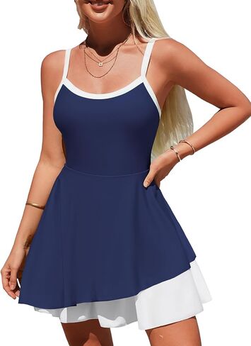 Charmo 2 Layers Color Block One Piece Swimsuit Crossback Swim Dress for Women Slimming Bathing Suits Skirt Built-in Briefs in Saudi Arabia