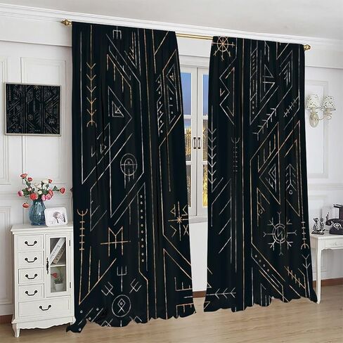 Viking Curtains,Vintage Tribe Mystic Totem Ancient Scandinavian Rune Print Window Treatments for Bedroom Living Room Kitchen Window Drapes 2 Panel Set,Total Size 42" x 45" in Saudi Arabia