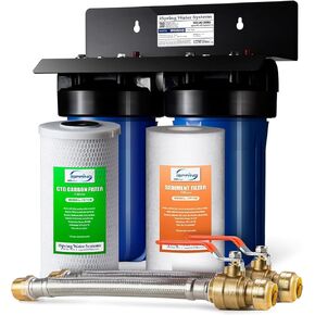 iSpring WGB21B 2-Stage Whole House Water Filtration System with 3/4 inch Push-Fit Braided Stainless Steel Hose Connectors and Ball Valve