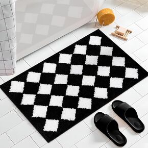 Checkered Bath Mat Non-Slip Super Absorbent Bathroom Rugs Buffalo Plaid Thick Washable Mat for Shower, Tub, Sink, Household Essentials, Black and White, 17x24 in