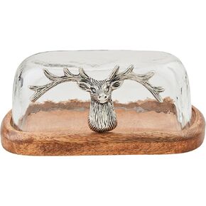 Mud Pie Deer Glass Wood Butter Dishes, 3 1/4" x 6 3/4", SILVER