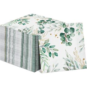 100 Pcs Eucalyptus Napkins 3 Ply Disposable Eucalyptus Leaf Paper Green Leaves Guest Towels Cocktail Napkins Greenery Paper Napkins for Home Party Birthday Baby Shower (6.5 x 6.5 Inch Folded)