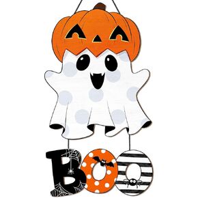 Halloween Ghost BOO Wood Door Hanging Sign Decorations, Cute Ghost Pumpkin Wooden Signs, Large Size Halloween Front Door Hanger Yard Wall Home Decor for Halloween Party Supplies