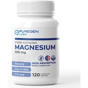 Puregen Labs Triple Magnesium Complex 300mg of Magnesium Glycinate, Malate, & Citrate [High Absorption] 120 Veg Capsules | No Harmful Additives | Non-GMO, NO Gluten and Dairy | Made in USA