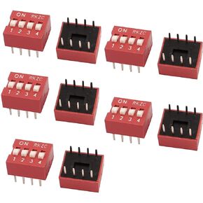 Double Row DIP Switch, 4 Position Way 2.54mm Pitch PCB Circuit Slide Type Toggle Switch, Red, Set of 10