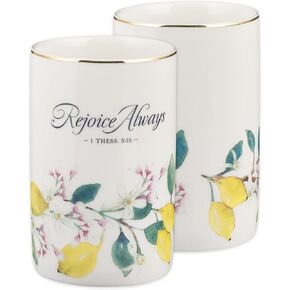 Christian Art Gifts Small White Ceramic Table Vase for Flowers & Plants: Rejoice Always Inspirational Scripture Home Décor, Kitchen, Bathroom, Living Room, Yellow Lemon, Green Leaves & Gold, 5" x 3.2"
