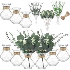 Bokon 9 حزمة المزهريات زهرة لباقة فو وهمية الزهور الأوكالبتوس في مزهرية مع الحبال للزينة الجدول المركزية الزفاف مزرعة مكتب المطبخ ديكور المنزل ريفي in Kuwait