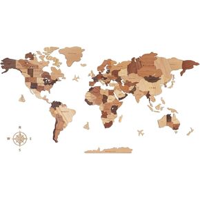 Handiwoo Wooden World Map 3D, Wood World Map Wall Art, Multilayered Wooden Map of The World Wall Decoration, Idea Housewarming Gift Large Wood Travel Map for Home & Office Décor (M)