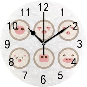 Wall Clock for Living Room Decor Cute Pig Beige PVC 9.8 Inch Hanging Round Desk Clocks Silent Non-Ticking Battery Operated Easy to Read Bathroom Kitchen Office