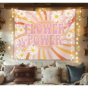 OXW Groovy Classroom 70s Retro Hippie Tapestry Wall Hanging, Hippy Art Wall Decor, Daisy Flower Power Peace Sign, Aesthetic Funky Wall Blanket Decor for Teen Girl Bedroom College Dorm, 50x60 Inch