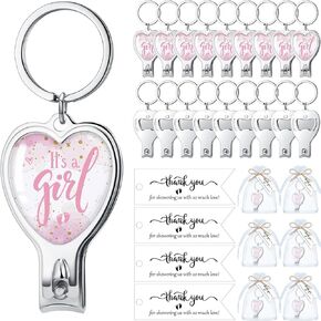 50 Set Baby Shower Favors for Guests 50 Heart Baby Bottle Opener Nail Clipper Keychain 50 Thank You Tags 50 Organza Bag with Twine for Gender Reveal(Girl)