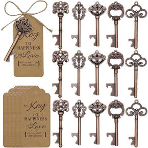 50PCS Vintage Red Copper Skeleton Keys Bottle Openers Wedding Favors Party Return Gifts for Guests with Escort Tag and Jute Rope