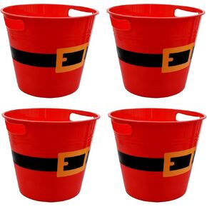 LLE Plastic Buckets with Handles, Red Santa Belt Round Basket, Multi-Purpose Container Decorative Home Kitchen Candy Bars Vase Toy Baskets for Christmas Winter Holiday Party Supplies Set of 4