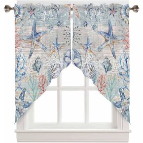 Coastal Starfish Swag Valances for Windows 2 Pack, Nautical Kitchen Window Curtains 36 Inch Length, Beach Coral Vintage Privacy Swag Curtains for Living Room/Bathroom with Rod Pocket 36"x36"