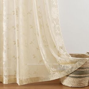 Beige Lace Curtains 84 Inches Long Country Floral Sheer Curtains for Living Room Bedroom Neutral Decor Rod Pocket Light Filtering French Window Curtains 2 Panels set for Dining Room Drapes, 52x84