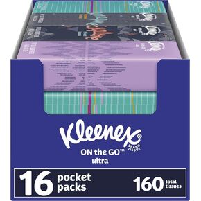 Kimberly-Clark 54635 On The Go Packs Facial Tissues, 3-ply, White, 10/pouch, 16 Pouches/pack, 6 Packs/carton