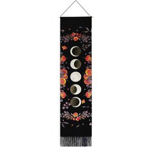 Umootek Black Lunar Phase Tapestry for Bedroom Boho Red Flower Moon Tapestry Long Vertical Tassel Wall Art Room Decor Aesthetic Wall Hanging Ornament for Home Dorm Officer (12.8 x 51.2 in)