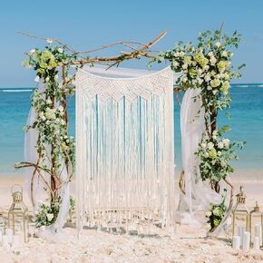 Moslovstar Macrame Wall Hanging Beige Boho Chic Woven Tapestry Tassel Art Wall Decor for Festival Wedding Party Backdrop, 35" W by 45" L