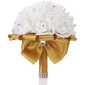 TRUE LOVE GIFT Wedding Bouquet 8 inches Bridesmaid Toss Bouquet Hand Made Artificial Rose Flowers Diamond Satin Bridal Bouquets for Wedding, Engagement Valentine's Day Decor (Gold)