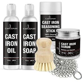 Culina Cast Iron Soap & stick & Conditioning Oil & Stainless Scrubber &Restoring Scrub & brush | All Natural Ingredients | Best for Cleaning, Non-stick Cooking & Restoring | for Cast Iron Cookware