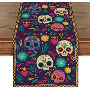 Artoid Mode Watercolor Marigolds Skull Day of The Dead Table Runner, Seasonal Kitchen Dining Table Decoration for Outdoor Home Party 13x72 Inch