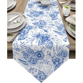 Blue Floral Table Runner Blue and White Porcelain Table Runners Dresser Scarves Elegant Flower Decorative Runners for Holiday Gatherings,Dinner,Outdoor or Indoor Parties, Machine Washable, 13x70 inch