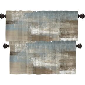 Shrahala Taupe Squares Texture Kitchen Valances, Grey and Beige Abstract Painting Half Window Curtain Window Treatment Multilayer Polyester Blackout for Living Room Bathroom 2 Pack 52 x 16 in