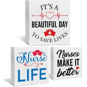 3 Pcs Nurse Wood Box Signs Decor for Home Farmhouse Nursing Tiered Tray Decor Table Desk Shelf Decoration