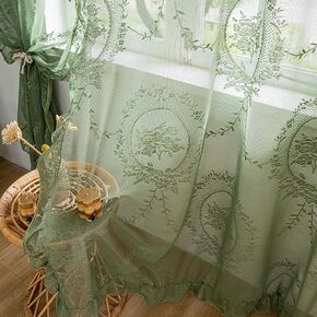 Sage Green Sheer Curtains for Bedroom Curtains 84 Inches Long 2 Panels Set Cute Boho Curtains Sheer Floral Embroidery Ruffled Window Treatment Rod Pocket,52 X 84 Inch,Sage Green