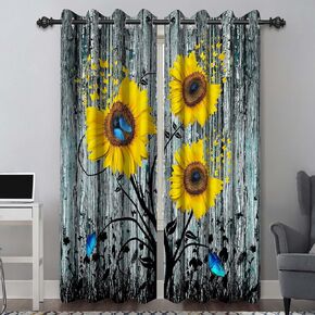 Baocicco Sunflower Blackout Curtain Rustic Country Style Floral Wooden Theme Grommet Window Drapes Vintage Yellow Sunflower Butterflies Curtains for Bedroom Kitchen Living Room 2 Panels 26x63 Inch